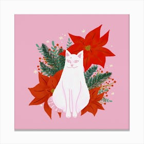 White Cat Christmas Pink And Orange Canvas Print