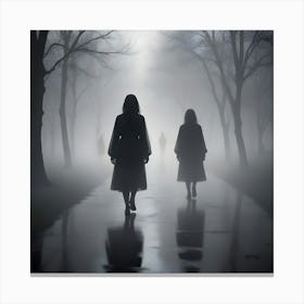 Silhouettes Of Three Women In Dresses Walking Away From The Viewer On A Foggy Path Lined With Bare Trees Canvas Print