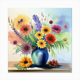 Watercolor Flowers In A Vase Canvas Print