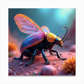 A Whimsical Beetle With Iridescent Wings Crawling Over A Vibrant, Neon Landscape Canvas Print