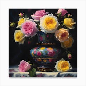 Pink and Yellow Damask Roses in Vintage Floral Blue Vase Canvas Print