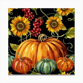 Autumn harvest of pumpkins, berries and sunflowers Colorful pumpkins and pumpkin harvest 3 Canvas Print