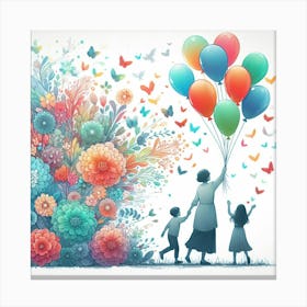 Mother And Children With Balloons Canvas Print