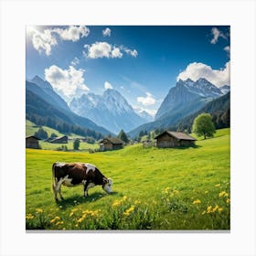 Alpine Meadow With A Cow Grazing Spring Setting Blossoming Flowers Dotting The Lush Grass Warm Su Canvas Print