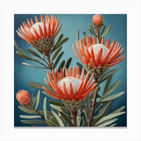 Default Coral Proteas Painted On Blue Art 3 Canvas Print