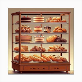 A digital painting of a bakery display case filled with delicious pastries, cakes, cookies, and other baked goods. The case is made of wood and glass, and the shelves are lined with a variety of baked goods. There are cakes of all different sizes and flavors, including chocolate cake, vanilla cake, and strawberry cake. There are also cupcakes, muffins, cookies, and brownies. The bakery case is a mouth-watering display of all the delicious treats that are available. Canvas Print