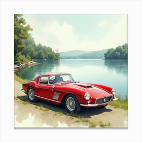 A Classic Ferrari By A Tranquil Lake In Watercolor With Gentle Waves 1 Canvas Print