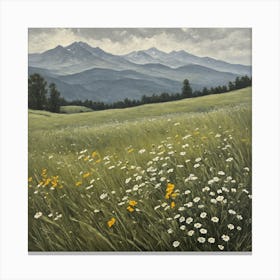 vintage oil painting of wild flowers in a meadow, mountains in the background 3 Canvas Print