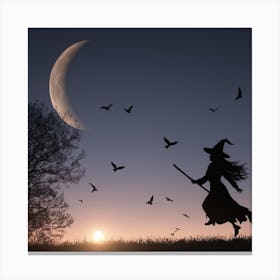 Witch On Broom Car Canvas Print