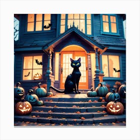 Halloween House With Black Cat Canvas Print