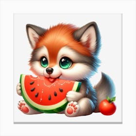 Cute Fox Eating Watermelon Canvas Print