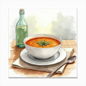 Watercolor Portrayal Of A Savory And Comforting Lentil Soup On A Stylish Kitchen Table Canvas Print