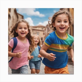 Happy Children Running In The Street Canvas Print