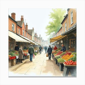 A Bustling English Market Scene With Vendors Selling Fresh Produce, Watercolor Canvas Print