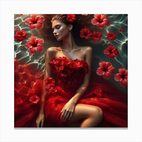 Beautiful Woman In Red Dress In Water Canvas Print