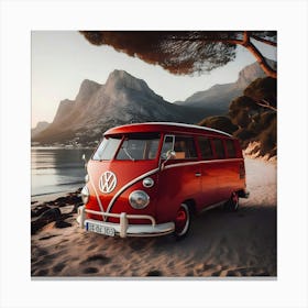 A Old Vintage Classic Red Vw Combi At The Beach 4 Canvas Print