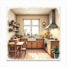 Elegant Kitchen Scene, Watercolor With Warm, Inviting Hues 1 Canvas Print