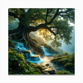 Waterfall Beside A Tree Canvas Print