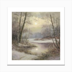 Ancient landscapes, old winter oil paintings and rocks around the lake bank. Snow is falling on the lake, old colors.1 Canvas Print