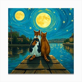 Two Cats Watching The Moon 1 Canvas Print