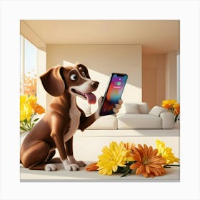 A Curious Brown Dog With Floppy Ears And A Wagging Tail, Its Tongue Lolling Out Of Its Mouth, Holds A Sleek Black Smartphone In Its Paw, Its Eyes Fixed Intently On The Screen Engages In An Animated Conversation, Surrounded By (1) Canvas Print