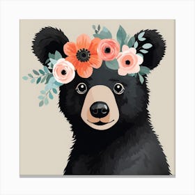 Floral Baby Black Bear Nursery Illustration (18) Canvas Print