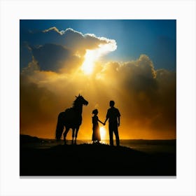 Silhouette Of Couple And Horse At Sunset Canvas Print