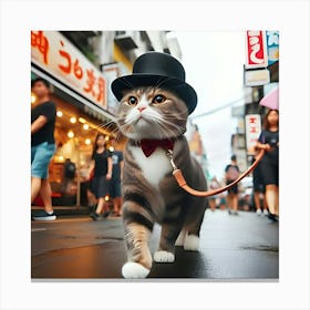 A Cat Walking On A Leash Down A Busy Street While Wearing A Top Hat And Looking Very Pleased With Itself 1 Canvas Print