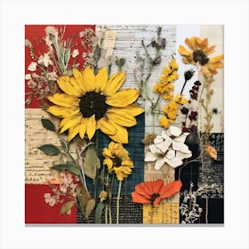 Sunflowers, Eclectic collage with vibrant dried flowers and textured backgrounds of fabric swatches, handwritten notes, and sheet music Canvas Print