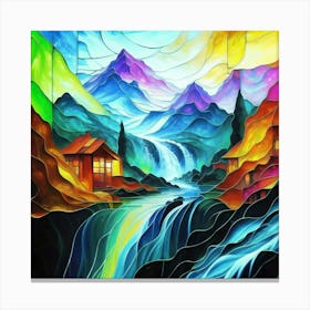 Abstract art stained glass art of a mountain village in watercolor 7 Canvas Print