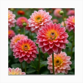 A Vibrant Garden Of Dahlias With Large, Colorful Blooms Canvas Print