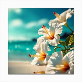 Blue Sea on the Beach with White Hibiscus Flowers 1 Canvas Print