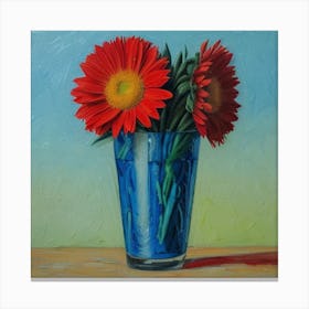 Red Gerberas In Blue Vase Canvas Print