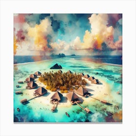 Ocean’s Embrace, An abstract piece in watercolors emphasizing on the circular embrace of the atoll around its central lagoon. This artwork would fit well in a dining room or a kitchen, where it can add some color and warmth to the space. 1 Canvas Print