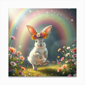 A Glowing Rabbit With Floral Antlers Hopping Under A Shimmering Rainbow In A Magical Garden 1 Canvas Print