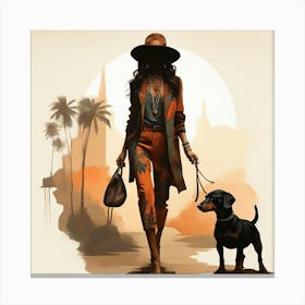 Boho Art Silhouette of a stylish woman with a dachshund dog 1 Canvas Print