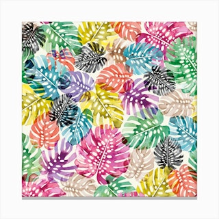 Tropical Monstera Leaves Multicolored Square Canvas Print