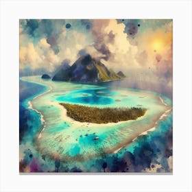 Tropical Haven, A pastel artwork showcasing a detailed view of the lush greenery on parts of the atoll, contrasted against the deep blue ocean. This artwork would look great in a study or a bedroom, where it can inspire creativity and relaxation. 1 Canvas Print