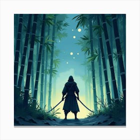 Ninja Warrior Poised In A Bamboo Forest Under The Stars, Watercolor 1 Canvas Print