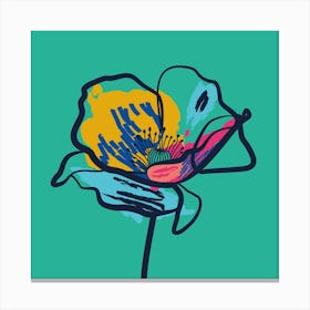 Poppy Flower Minimal Line Art Turquoise 1 Canvas Print