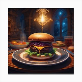 Burger On Plate On Table Centered Symmetry Painted Intricate Volumetric Lighting Beautiful Ri (1) Canvas Print