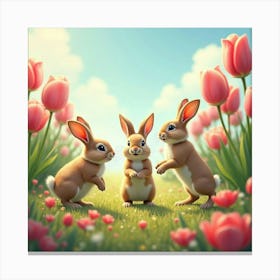 A Group Of Playful Rabbits Frolicking Through A Meadow Filled With Giant Tulips And Roses Canvas Print