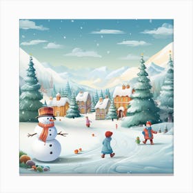 Winter Village With Snowman 1 Canvas Print