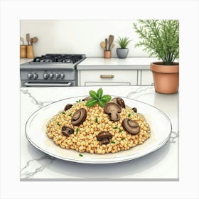 Watercolor Sketch Of A Rich And Creamy Mushroom Risotto On A Modern Kitchen Countertop Canvas Print