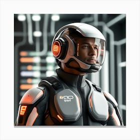 The Image Depicts A Alpha Male In A Stronger Futuristic Suit With A Digital Music Streaming Display 4 Canvas Print