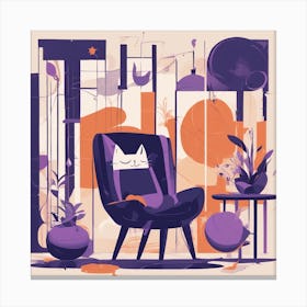 Drew Illustration Of Cat On Chair In Bright Colors, Vector Ilustracije, In The Style Of Dark Navy An Canvas Print