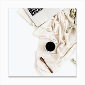 Laptop, Coffee And Flowers Canvas Print