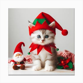 Cute Kitten In Elf Hat Canvas Print
