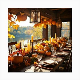 Autumn Table Decor Sprawling Across A Rustic Wooden Table Scattered Bright Orange Pumpkins Accompan Canvas Print