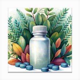 A Bottle Of Pills Surrounded By Plants Canvas Print